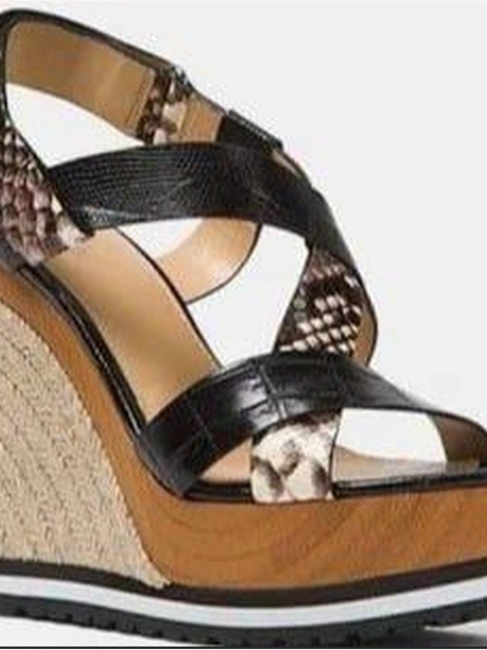 Michael Kors Black and Tan Snake-Print Leather Wedge Sandals
